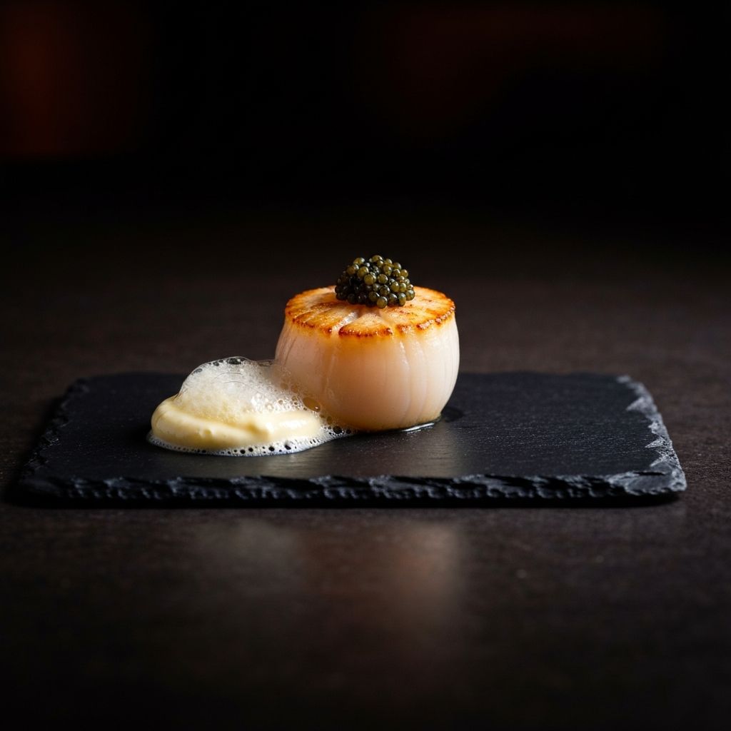 Seared scallop with foam and caviar