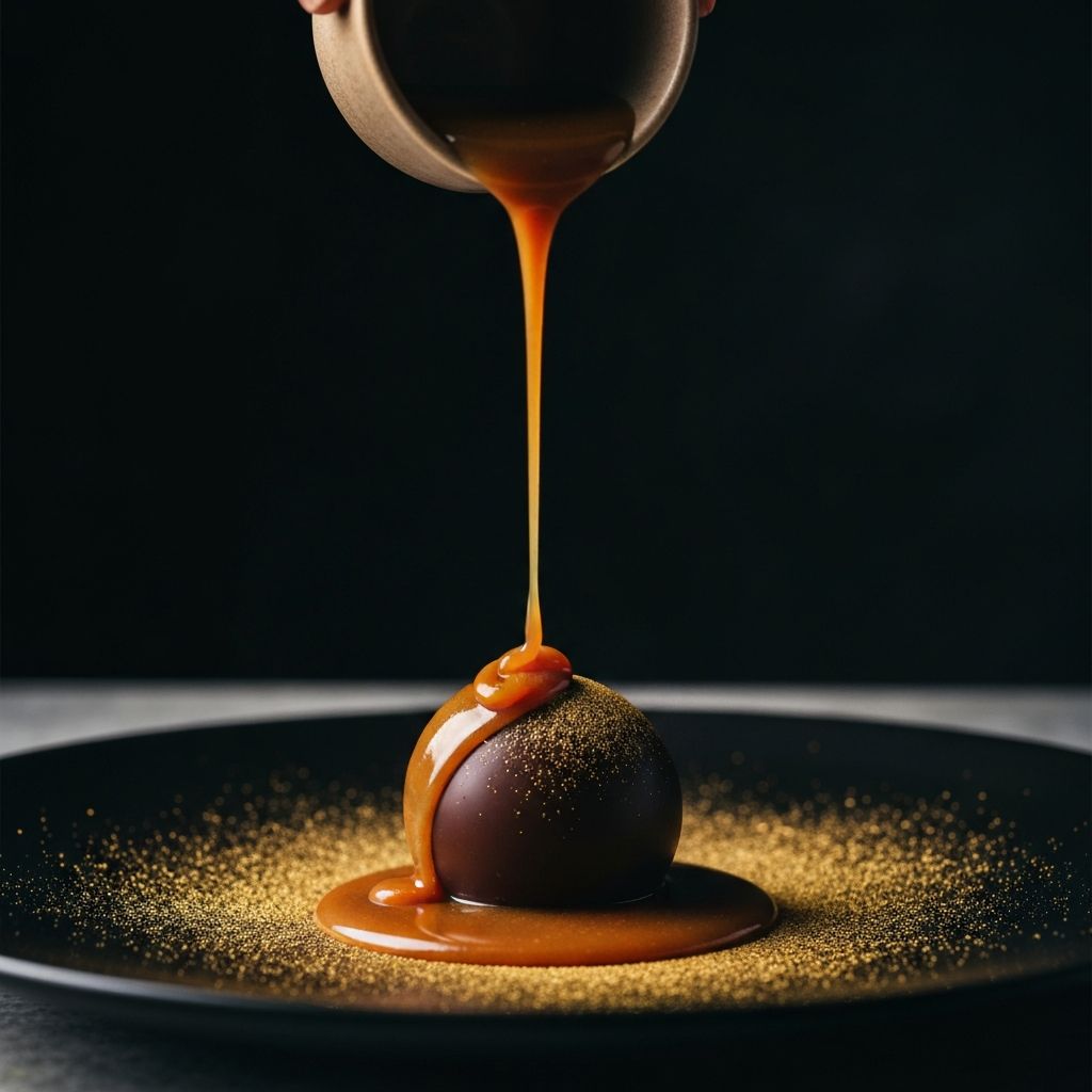 Chocolate sphere dessert presentation